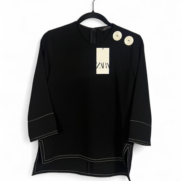 Zara Black Tunic Top Statement‎ Buttons 3/4 Sleeve Blouse - Picture 1 of 4